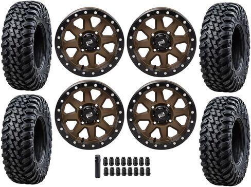 مجموعة من إطارات Tusk TERRABITE 33x10-15 Radial UTV ذات 8 طبقات مثبتة على عجلات Tusk Uinta المتوافقة مع تطبيقات RZR/KRX/RMAX - صواميل العروة بنمط 4/156 (4+3 إزاحة العجلات، برونزية/أسود) in Saudi Arabia