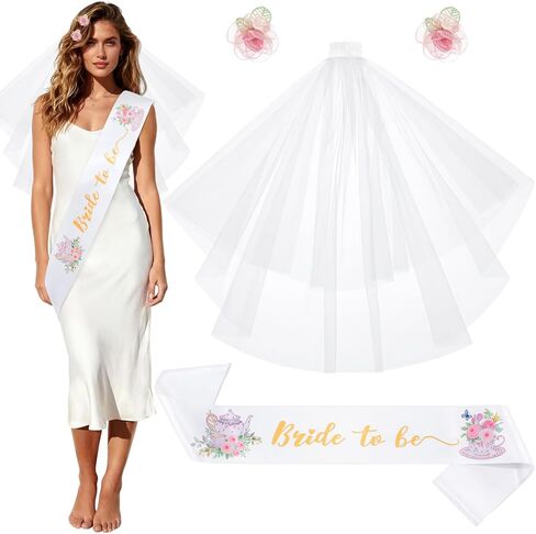 4 Pcs Tea Party Bridal Shower Favor Floral Tea Bride to Be Sash and Veil Bachelorette Party Decorations Flowers Teapot Theme Wedding Satin Sash Bridal Shower Gifts Engagement Supplies in Saudi Arabia