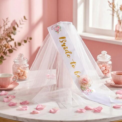 4 Pcs Tea Party Bridal Shower Favor Floral Tea Bride to Be Sash and Veil Bachelorette Party Decorations Flowers Teapot Theme Wedding Satin Sash Bridal Shower Gifts Engagement Supplies in Saudi Arabia