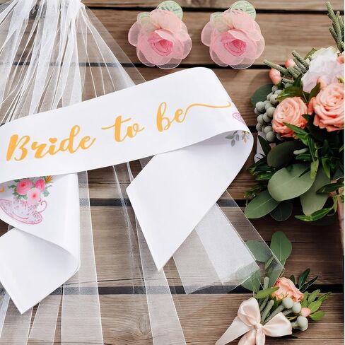 4 Pcs Tea Party Bridal Shower Favor Floral Tea Bride to Be Sash and Veil Bachelorette Party Decorations Flowers Teapot Theme Wedding Satin Sash Bridal Shower Gifts Engagement Supplies in Saudi Arabia