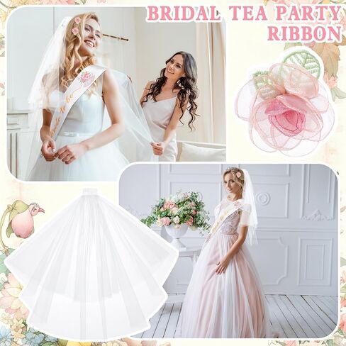 4 Pcs Tea Party Bridal Shower Favor Floral Tea Bride to Be Sash and Veil Bachelorette Party Decorations Flowers Teapot Theme Wedding Satin Sash Bridal Shower Gifts Engagement Supplies in Saudi Arabia