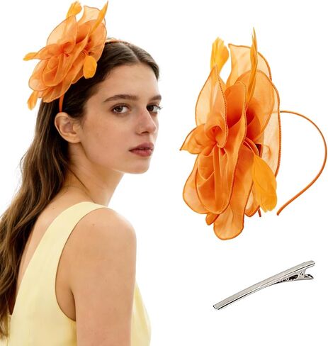 قبعة فاسيناتور على شكل زهرة، قبعات ساحرة للنساء لحفلات الشاي، إكسسوارات حفلات الشاي للنساء، أشرطة ريش عتيقة على عصابة رأس ومشبك، أغطية رأس نسائية للمهرجانات باللون البرتقالي in Kuwait