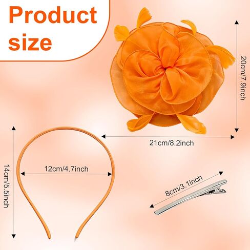 قبعة فاسيناتور على شكل زهرة، قبعات ساحرة للنساء لحفلات الشاي، إكسسوارات حفلات الشاي للنساء، أشرطة ريش عتيقة على عصابة رأس ومشبك، أغطية رأس نسائية للمهرجانات باللون البرتقالي in Kuwait