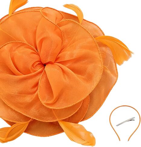 قبعة فاسيناتور على شكل زهرة، قبعات ساحرة للنساء لحفلات الشاي، إكسسوارات حفلات الشاي للنساء، أشرطة ريش عتيقة على عصابة رأس ومشبك، أغطية رأس نسائية للمهرجانات باللون البرتقالي in Kuwait