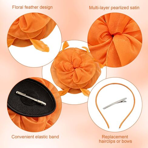 قبعة فاسيناتور على شكل زهرة، قبعات ساحرة للنساء لحفلات الشاي، إكسسوارات حفلات الشاي للنساء، أشرطة ريش عتيقة على عصابة رأس ومشبك، أغطية رأس نسائية للمهرجانات باللون البرتقالي in Kuwait