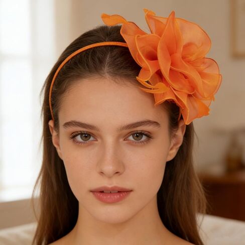 قبعة فاسيناتور على شكل زهرة، قبعات ساحرة للنساء لحفلات الشاي، إكسسوارات حفلات الشاي للنساء، أشرطة ريش عتيقة على عصابة رأس ومشبك، أغطية رأس نسائية للمهرجانات باللون البرتقالي in Kuwait