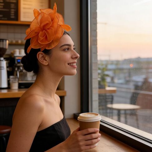 قبعة فاسيناتور على شكل زهرة، قبعات ساحرة للنساء لحفلات الشاي، إكسسوارات حفلات الشاي للنساء، أشرطة ريش عتيقة على عصابة رأس ومشبك، أغطية رأس نسائية للمهرجانات باللون البرتقالي in Kuwait