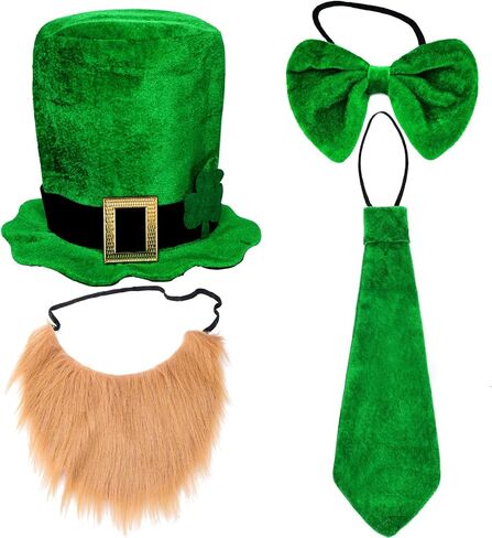 St. Patrick'S Day Party Costume Leprechauns Costume Hat With Shamrock Faux Beard Tie Bow Tie, Green in Saudi Arabia