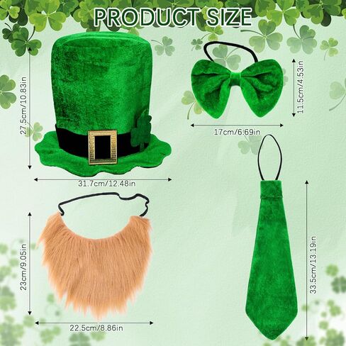 St. Patrick'S Day Party Costume Leprechauns Costume Hat With Shamrock Faux Beard Tie Bow Tie, Green in Saudi Arabia