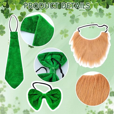 St. Patrick'S Day Party Costume Leprechauns Costume Hat With Shamrock Faux Beard Tie Bow Tie, Green in Saudi Arabia