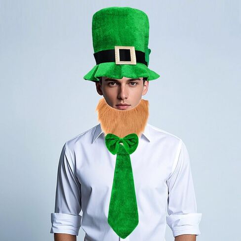 St. Patrick'S Day Party Costume Leprechauns Costume Hat With Shamrock Faux Beard Tie Bow Tie, Green in Saudi Arabia