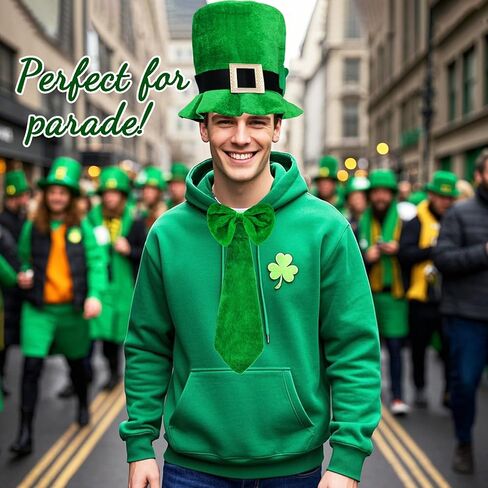 St. Patrick'S Day Party Costume Leprechauns Costume Hat With Shamrock Faux Beard Tie Bow Tie, Green in Saudi Arabia