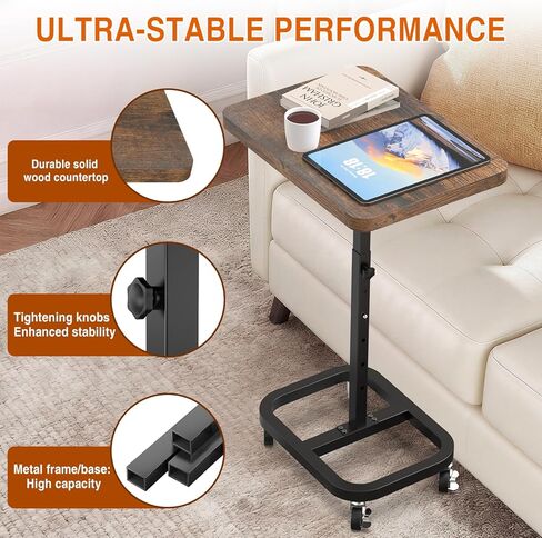 Adjustable Height& Mobile TV Tray Table with Wheels: Upgraded Alloy Steel Support & Sturdy Quadrilateral Base. Dinner Table for Eating on Couch and Sofa. Ideal for Small Living Spaces in Saudi Arabia