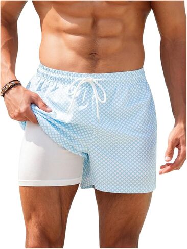 WDIRARA Men's Plaid Drawstring Waist Swim Trunks Vacation Beach Shots with Compression Liner in Saudi Arabia