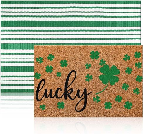Duraaamo 2 Pcs St. Patrick's Day Coir Door Mat Outdoor Rug Shamrock Clover Welcome Doormat Green White Stripe Rug for St. Patrick's Day Front Door Porch Entryway Decor in Kuwait