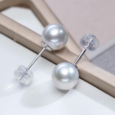 925 Sterling Silver Freshwater Pearl Stud Earrings, Round White Pearls, Hypoallergenic Classic Minimalist Design for Women in Saudi Arabia