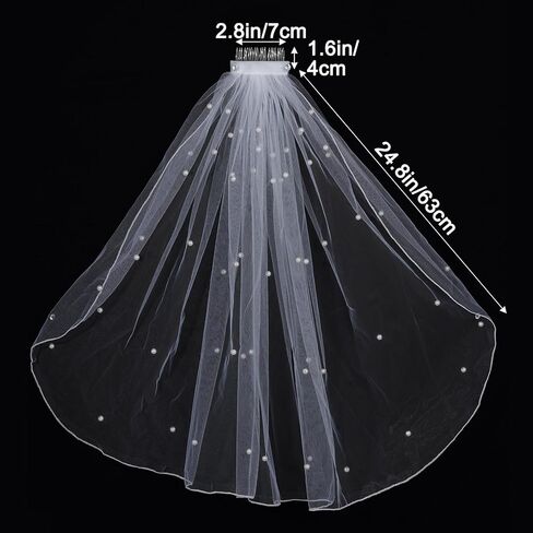 Fengek White Short Wedding Veil with Pearl Accents - Bridal Veil for Women, Bride Veil for Wedding Bachelorette Party in Saudi Arabia