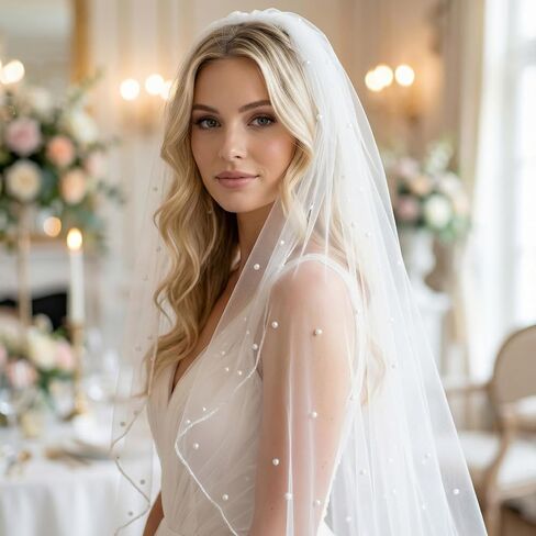 Fengek White Short Wedding Veil with Pearl Accents - Bridal Veil for Women, Bride Veil for Wedding Bachelorette Party in Saudi Arabia