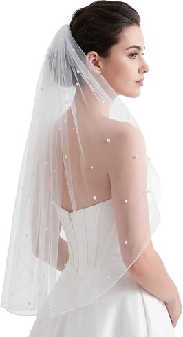 Fengek White Short Wedding Veil with Pearl Accents - Bridal Veil for Women, Bride Veil for Wedding Bachelorette Party in Saudi Arabia