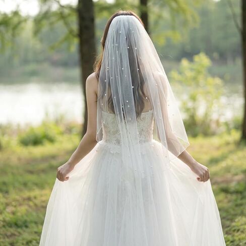Fengek White Short Wedding Veil with Pearl Accents - Bridal Veil for Women, Bride Veil for Wedding Bachelorette Party in Saudi Arabia