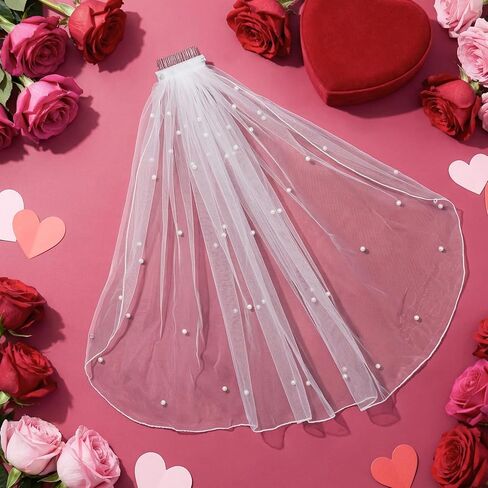 Fengek White Short Wedding Veil with Pearl Accents - Bridal Veil for Women, Bride Veil for Wedding Bachelorette Party in Saudi Arabia