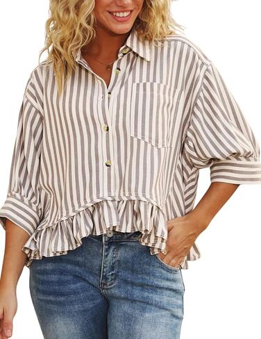 CHOUYATOU Women's Business Casual Striped Button Down Shirt Loose 3/4 Sleeve Peplum Tops Work Blouses in Saudi Arabia