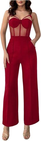 WDIRARA Women's Mesh Sheer Sleeveless Cami Jumpsuit High Waisted Pants Romper in Saudi Arabia