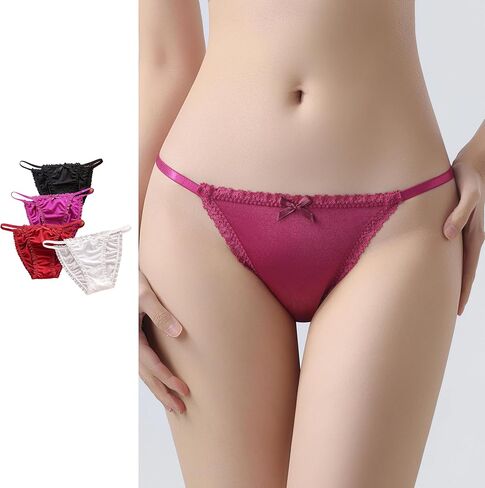 4-Pack Satin Lace Trim Thongs, Low Waist Sexy Women’s Underwear, Comfortable Breathable Triangle Panties Set in Saudi Arabia