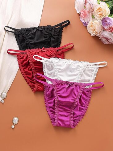 4-Pack Satin Lace Trim Thongs, Low Waist Sexy Women’s Underwear, Comfortable Breathable Triangle Panties Set in Saudi Arabia