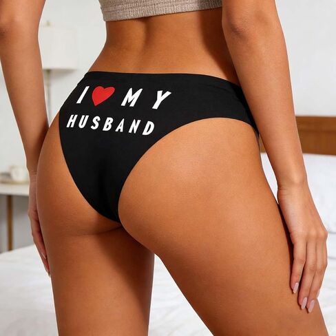 ملابس داخلية نسائية على شكل حرف T من الخلف، مطبوع عليها كلمة I Love My Husband، سراويل داخلية لطيفة ومريحة للسيدات - أسود in Saudi Arabia