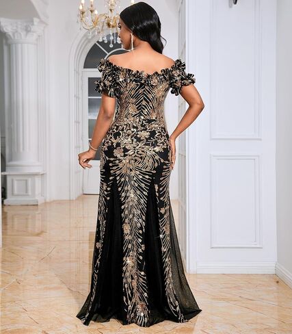 dasmzper Women's Off Shoulder Sequin Formal Dress - Ruffle Short Sleeve Mesh Evening Gown for Wedding, Prom, Party in Saudi Arabia