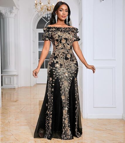 dasmzper Women's Off Shoulder Sequin Formal Dress - Ruffle Short Sleeve Mesh Evening Gown for Wedding, Prom, Party in Saudi Arabia