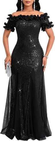 dasmzper Women's Off Shoulder Sequin Formal Dress - Ruffle Short Sleeve Mesh Evening Gown for Wedding, Prom, Party in Saudi Arabia