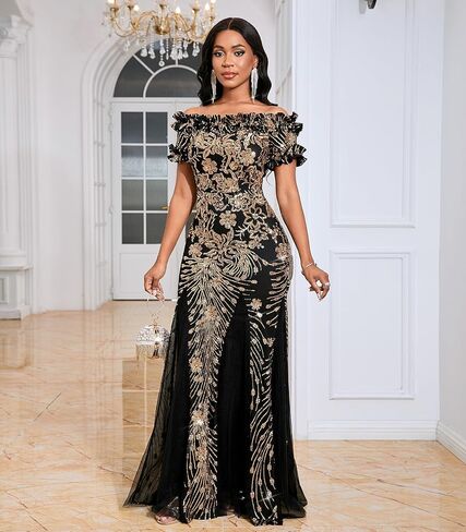 dasmzper Women's Off Shoulder Sequin Formal Dress - Ruffle Short Sleeve Mesh Evening Gown for Wedding, Prom, Party in Saudi Arabia