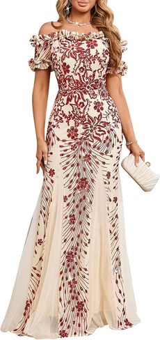dasmzper Women's Off Shoulder Sequin Formal Dress - Ruffle Short Sleeve Mesh Evening Gown for Wedding, Prom, Party in Saudi Arabia