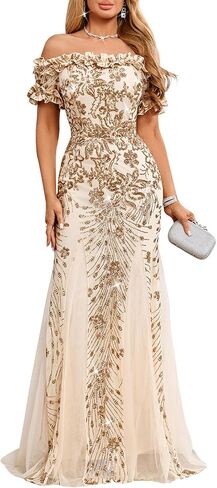 dasmzper Women's Off Shoulder Sequin Formal Dress - Ruffle Short Sleeve Mesh Evening Gown for Wedding, Prom, Party in Saudi Arabia