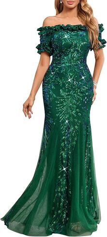 dasmzper Women's Off Shoulder Sequin Formal Dress - Ruffle Short Sleeve Mesh Evening Gown for Wedding, Prom, Party in Saudi Arabia