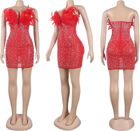 Yuopeid Women's Deep V Neck Mini Bodycon Dresses Sleeveless Rhinestone Feather Sexy Mesh Birthday Party Strapless Dress in Saudi Arabia
