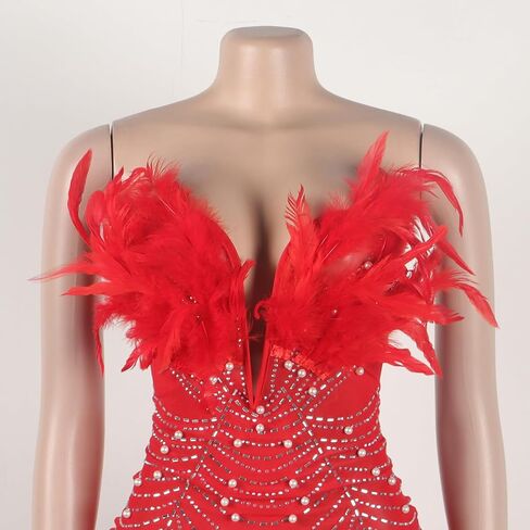Yuopeid Women's Deep V Neck Mini Bodycon Dresses Sleeveless Rhinestone Feather Sexy Mesh Birthday Party Strapless Dress in Saudi Arabia