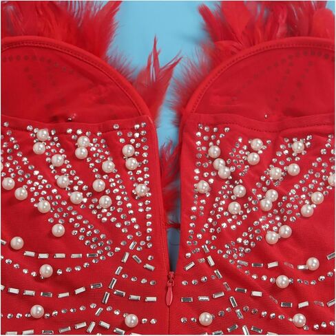 Yuopeid Women's Deep V Neck Mini Bodycon Dresses Sleeveless Rhinestone Feather Sexy Mesh Birthday Party Strapless Dress in Saudi Arabia