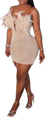 Yuopeid Women's Deep V Neck Mini Bodycon Dresses Sleeveless Rhinestone Feather Sexy Mesh Birthday Party Strapless Dress in Saudi Arabia