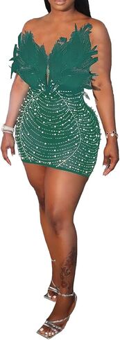 Yuopeid Women's Deep V Neck Mini Bodycon Dresses Sleeveless Rhinestone Feather Sexy Mesh Birthday Party Strapless Dress in Saudi Arabia