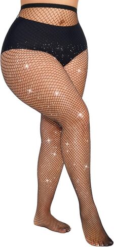 Plus Size Fishnet Tights Rhinestone Sparkly Mesh Stockings High Waist Glitter Pantyhose Shinny Hosiery Medium Mesh in Saudi Arabia