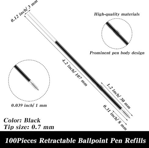 100 Pcs Ballpoint Refills Retractable Ballpoint Ink Pen Refills 1 mm Medium Point Tip 4.2 Inch Black Ink Refill Smooth Writing for Click Pens Journal Writing Office School Supplies in Saudi Arabia