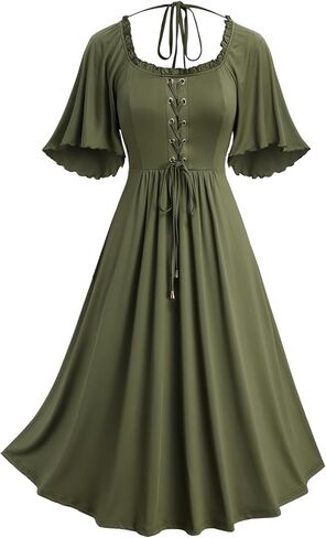 ROSE GAL Plus Size Womens Renaissance Fairy Summer Dress Lace-up Tie Ruffles Square Neck Flutter Sleeves Flowy Dress in Saudi Arabia