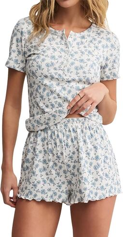 LEEDYA Women Cute Pajama Sets 2 Piece Floral Print Short Sleeve Button Shirt and Shorts Y2K Pj Sets Woman Soft Sleepwear in Saudi Arabia