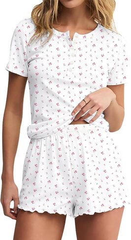 LEEDYA Women Cute Pajama Sets 2 Piece Floral Print Short Sleeve Button Shirt and Shorts Y2K Pj Sets Woman Soft Sleepwear in Saudi Arabia
