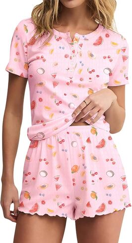 LEEDYA Women Cute Pajama Sets 2 Piece Floral Print Short Sleeve Button Shirt and Shorts Y2K Pj Sets Woman Soft Sleepwear in Saudi Arabia