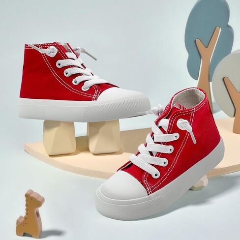 Toddler Kids Sneakers Girls Boys High Top Canvas Shoes Elastic Straps Laces Slip On Little Big Kids Lightweight Breathable Walking Shoes Red in Saudi Arabia
