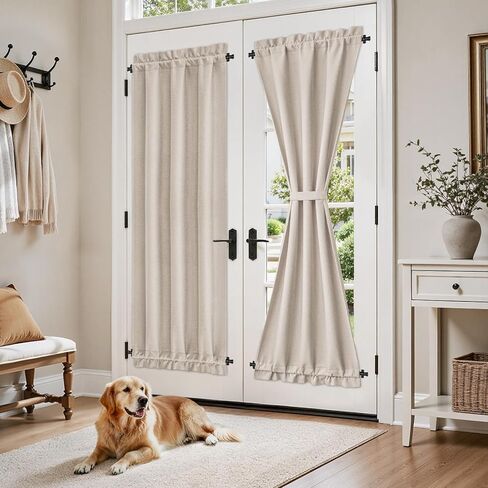 HOMEIDEAS 100% Blackout Linen French Door Curtain, Modern Farmhouse Door Window Curtains Decor, Privacy Insulated Blinds with Tie Up for Front, Glass Window, Natural Beige, 26W X 72L Inch，1 Panel in Saudi Arabia